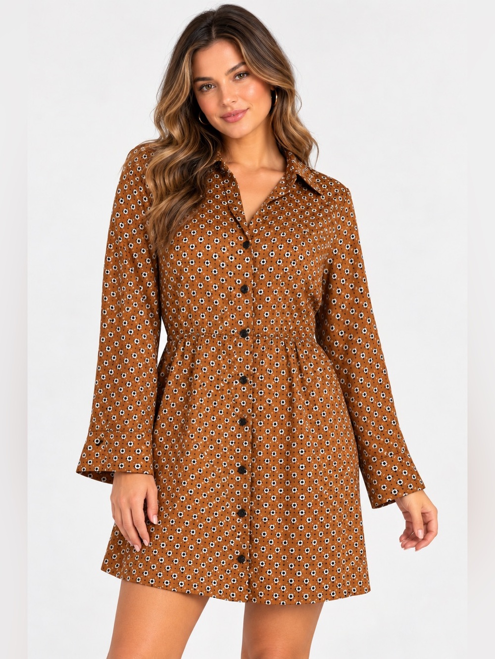 Sanctuary Modern Shirt Dress Floral Brown & White XL